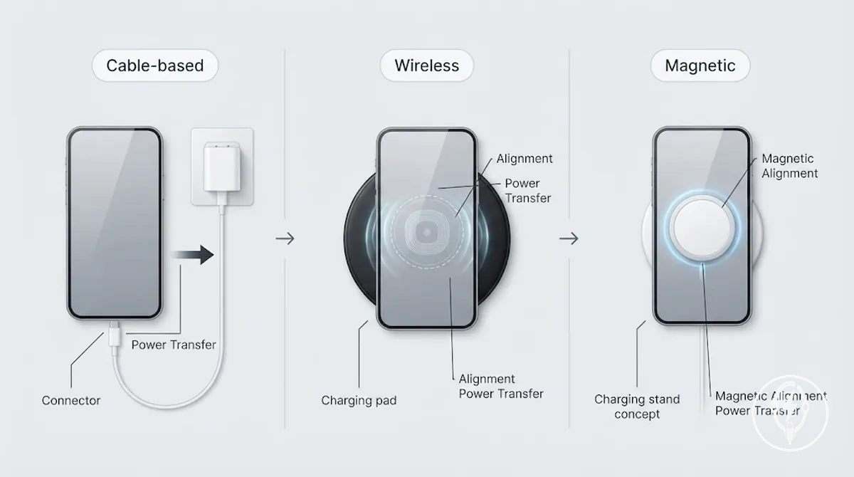 Diagram showing cable-based and wireless iPhone charging methods