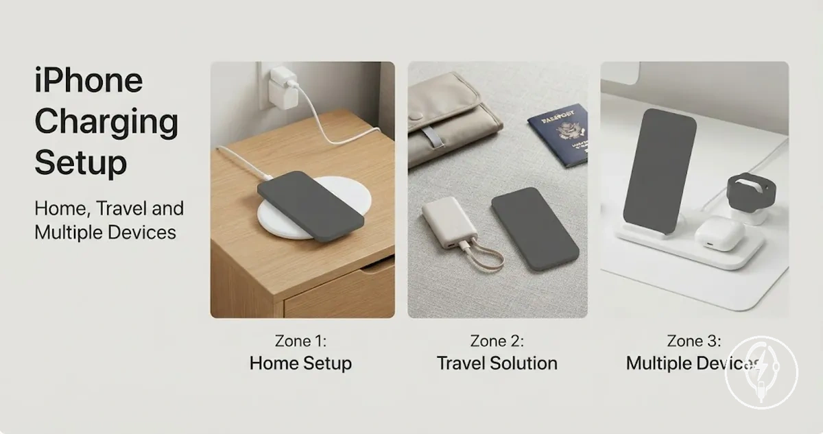 iPhone charging setup for home, travel, and multiple devices using different accessories