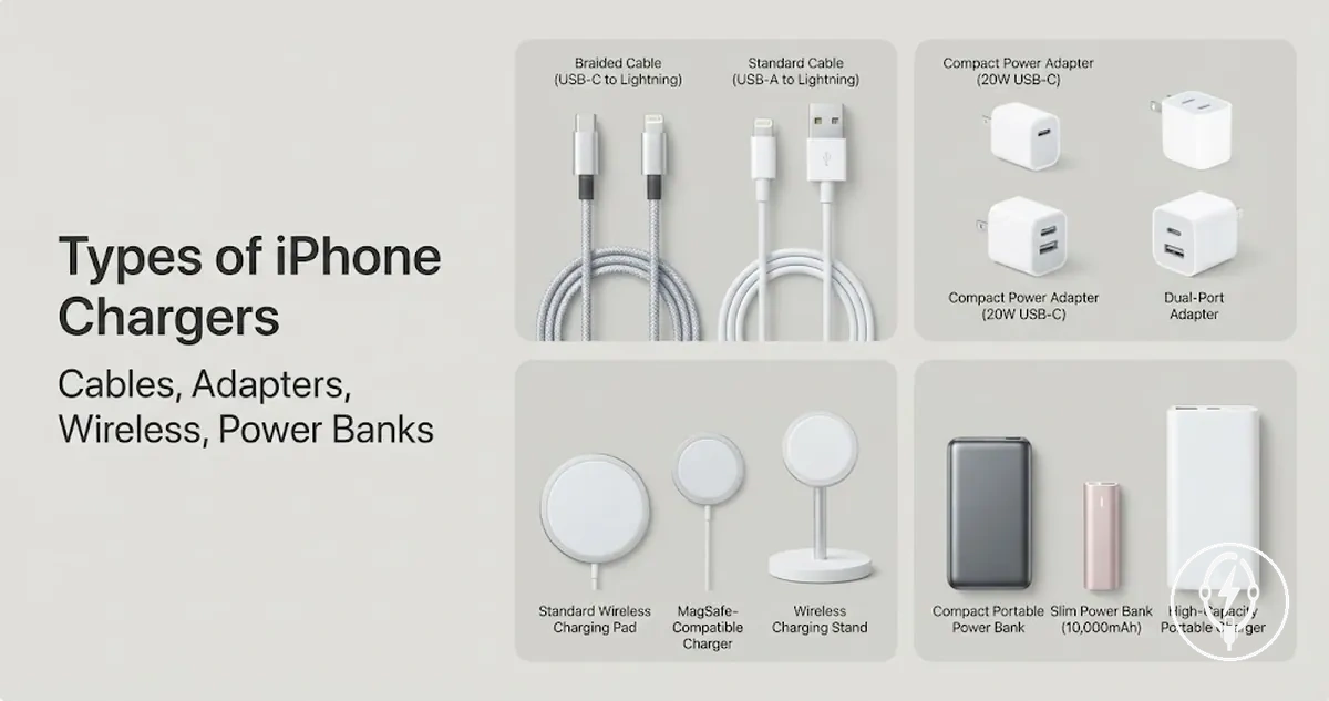 Types of iPhone charging accessories including cables, adapters, wireless chargers, and power banks