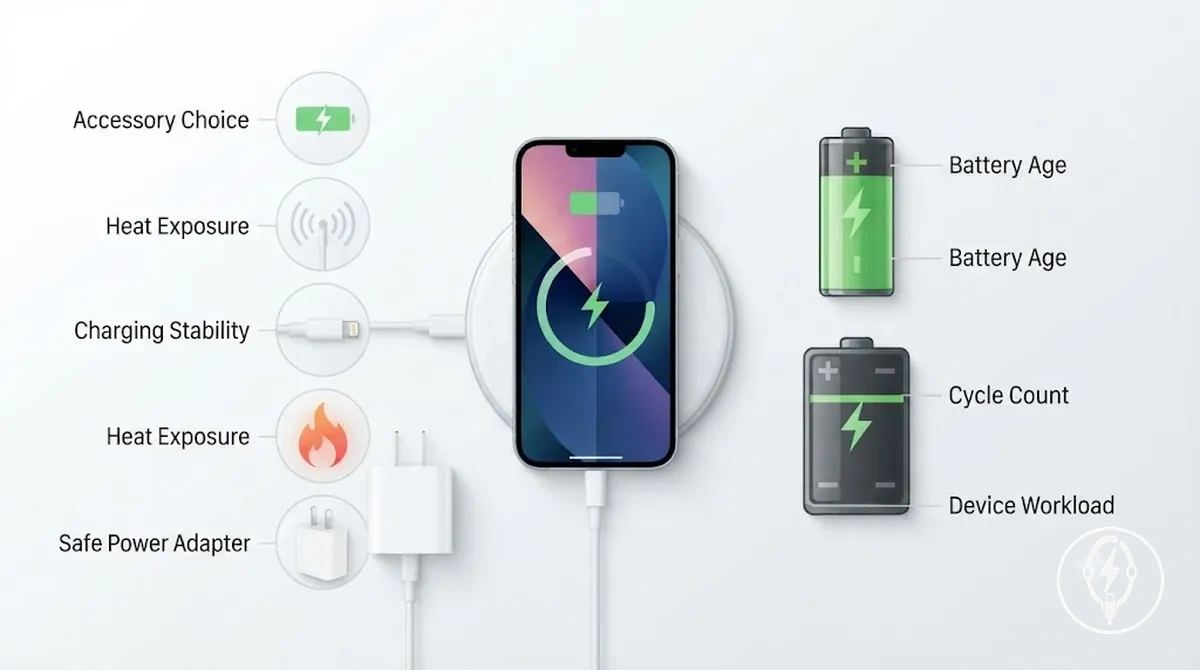 Comparación de factores de accesorios de carga y factores no relacionados con accesorios que afectan al desgaste de la batería del iPhone
