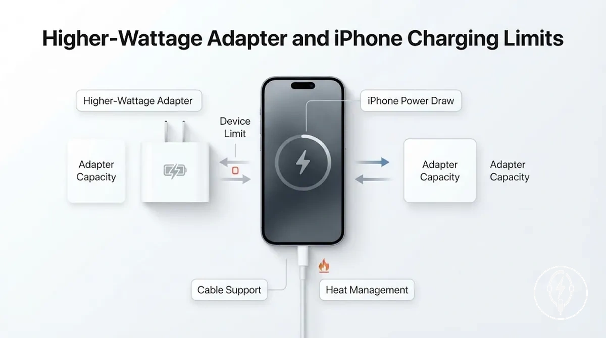 Diagrama que muestra la capacidad del adaptador de mayor potencia y el límite de carga del iPhone