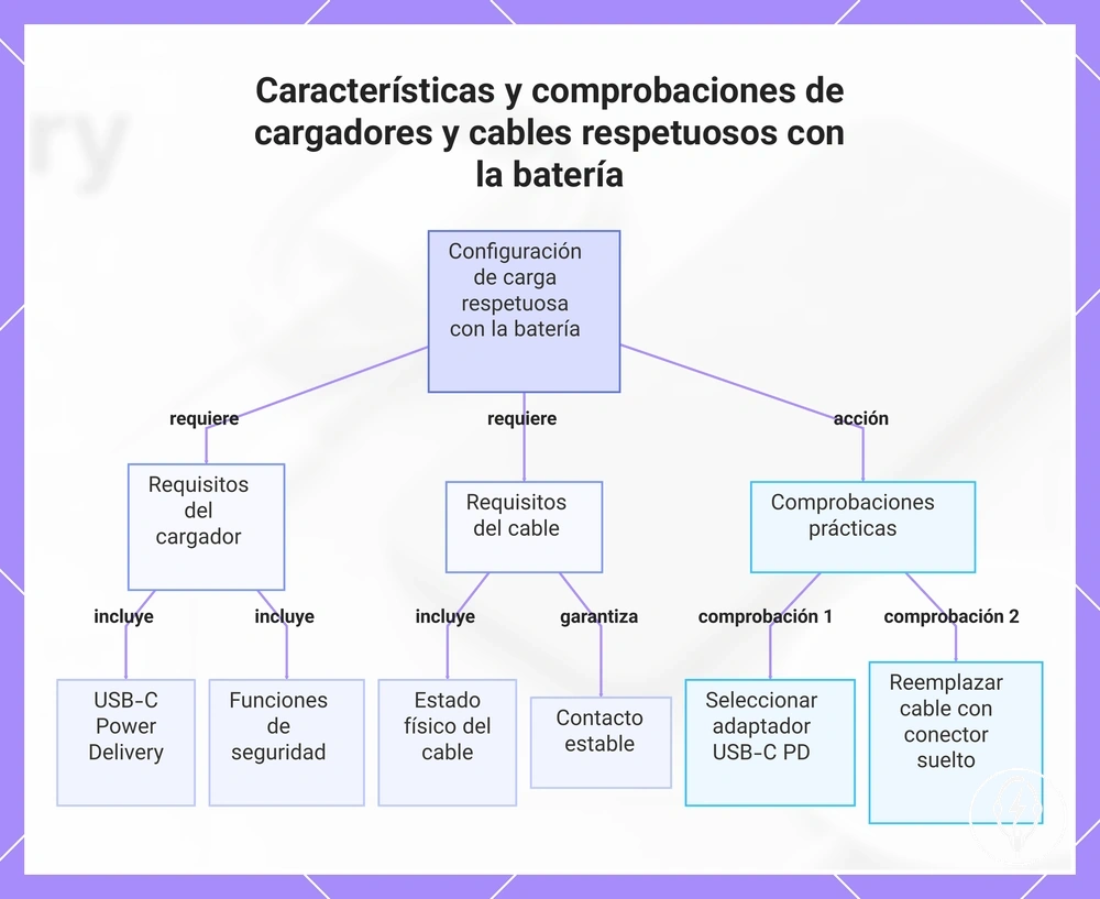 Características y comprobaciones de cargadores y cables respetuosos con la batería