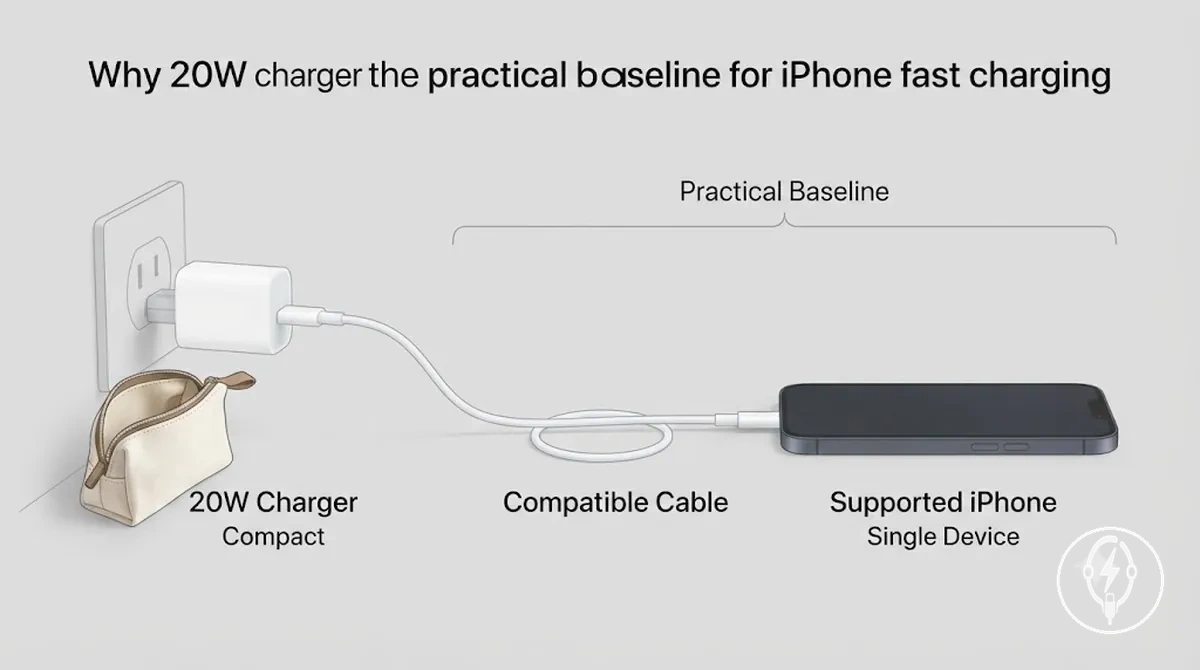 Configuración de cargador de 20 W como base para la carga rápida de iPhone con cable compatible