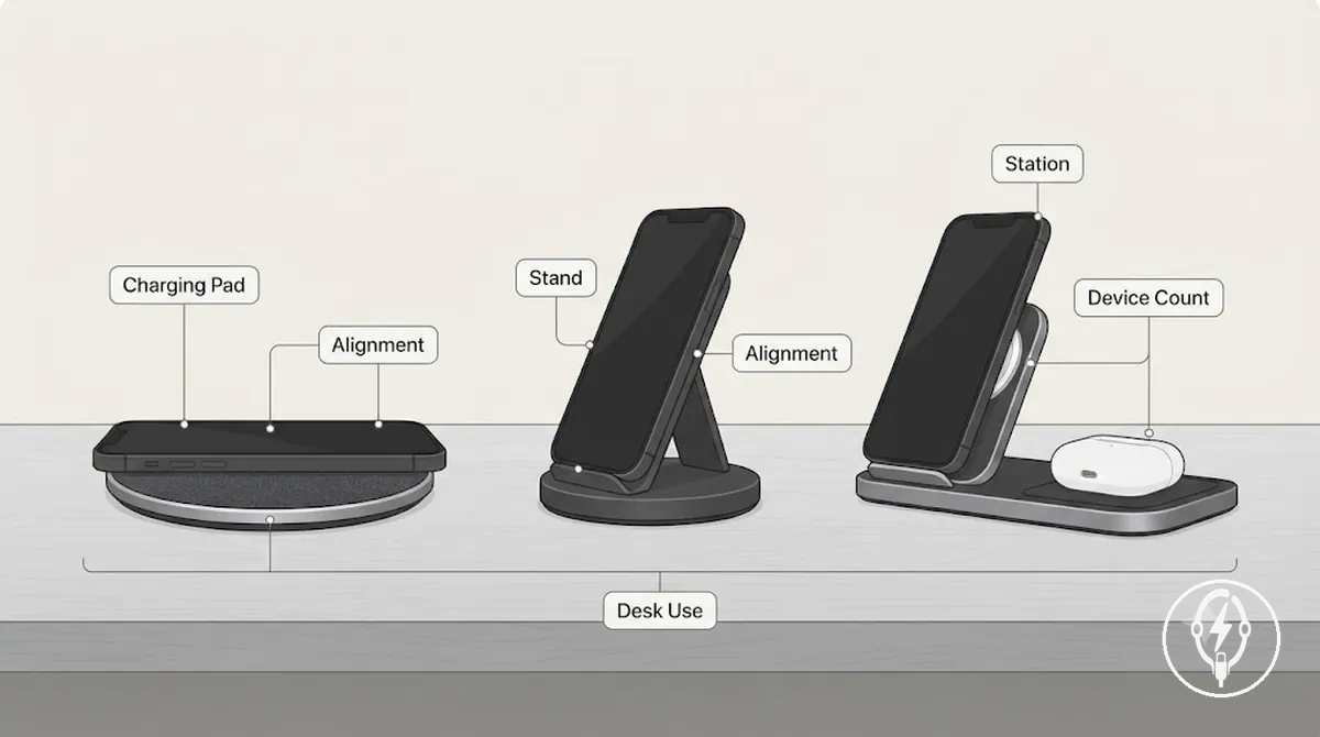 Cargadores inalámbricos, soportes y estaciones que muestran una base de carga, un soporte vertical, una estación multidispositivo, la colocación del iPhone y una indicación de alineación