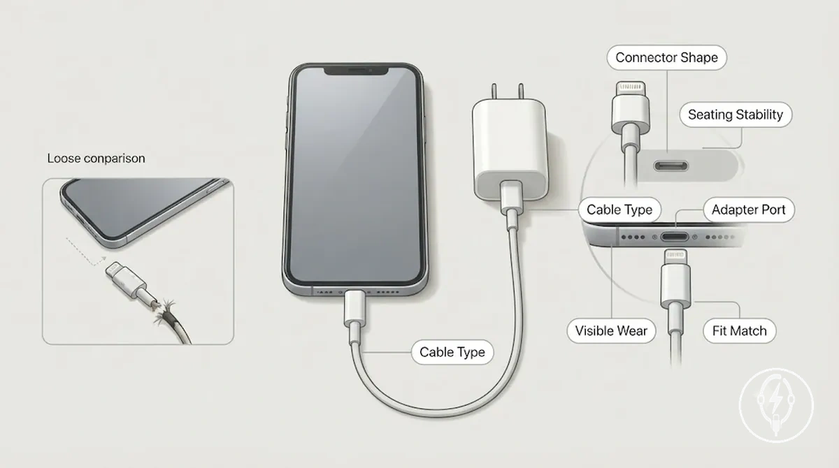 Primer plano anotado de un cable de carga de iPhone, conector, puerto del adaptador, ajuste asentado y comprobaciones de desgaste visible