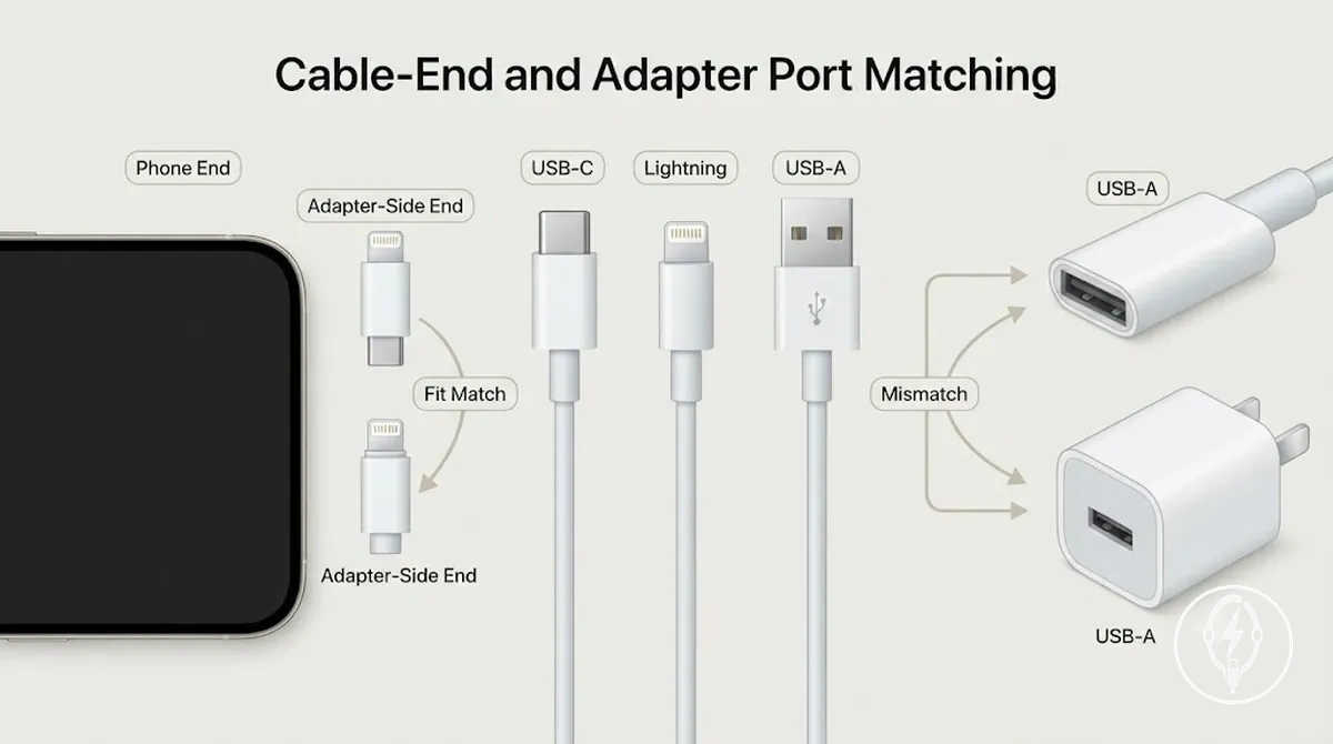 Extremos de cable y puertos de adaptador anotados que muestran la coincidencia compatible del cargador del iPhone