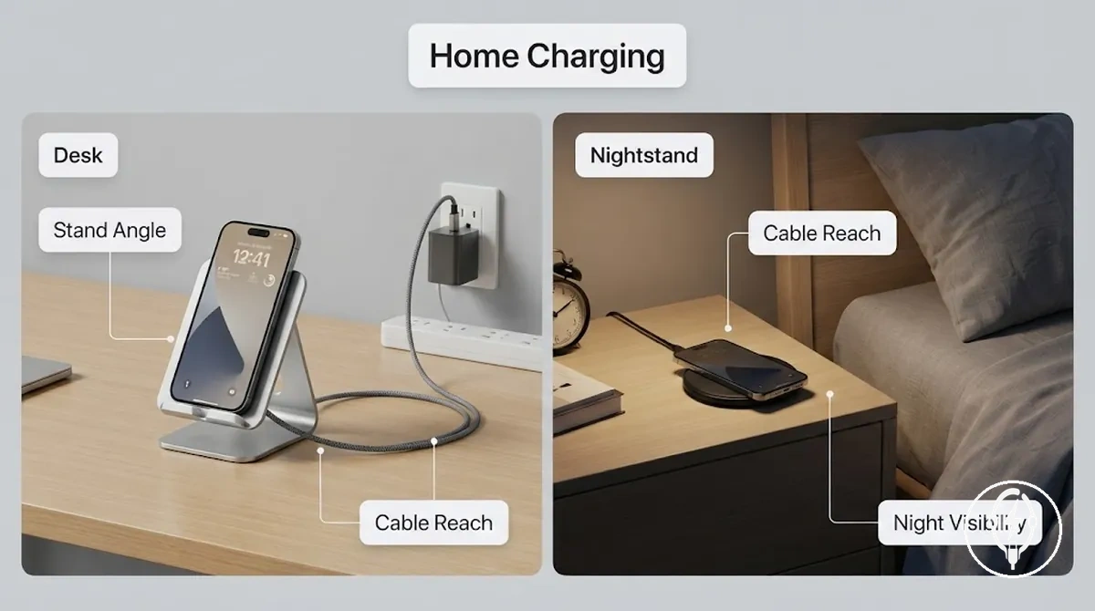 Configuración de carga para iPhone en un escritorio y una mesita de noche que muestra diferentes posiciones de carga
