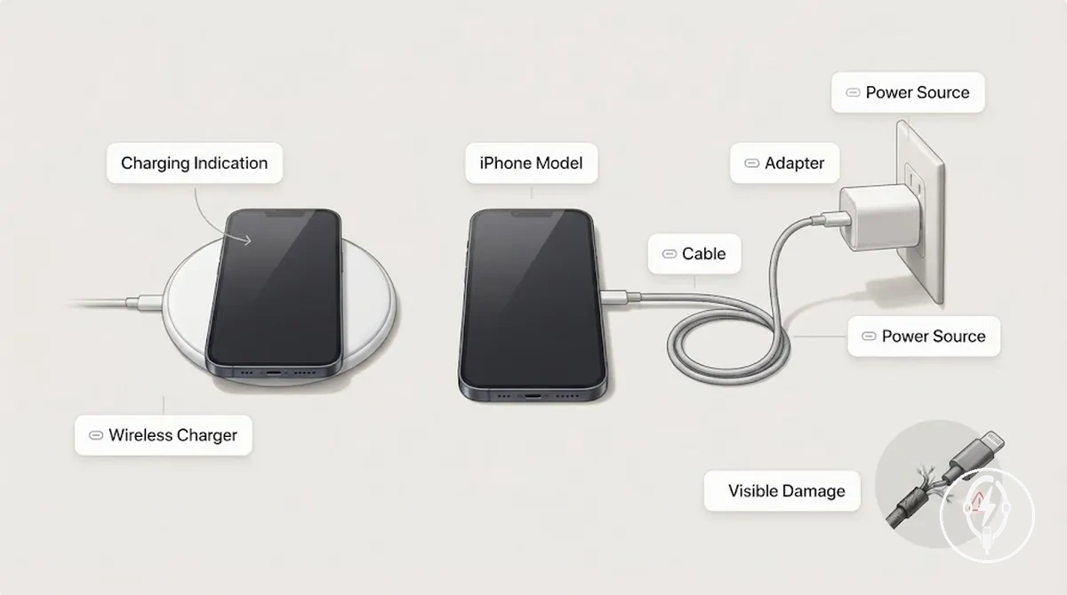 Configuración de carga de iPhone compatible con cable, adaptador y cargador inalámbrico correctos