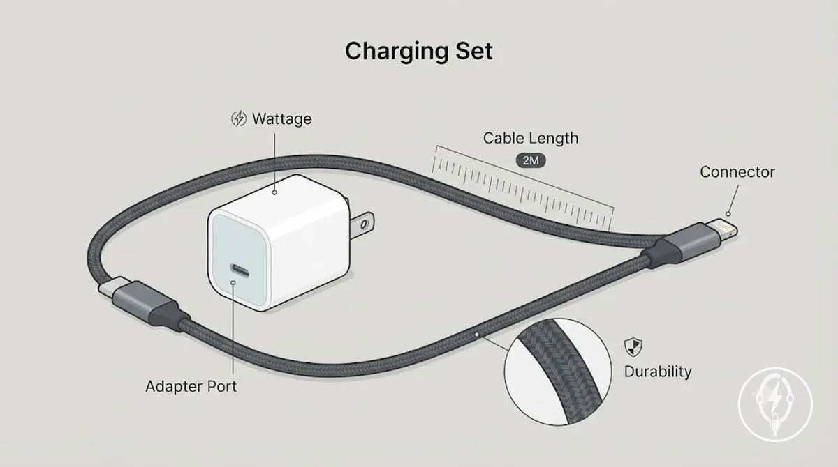 Conjuntos de cable y adaptador que muestran un cable de carga, adaptador de corriente, enchufe de pared, extremos del conector e indicios de durabilidad del cable