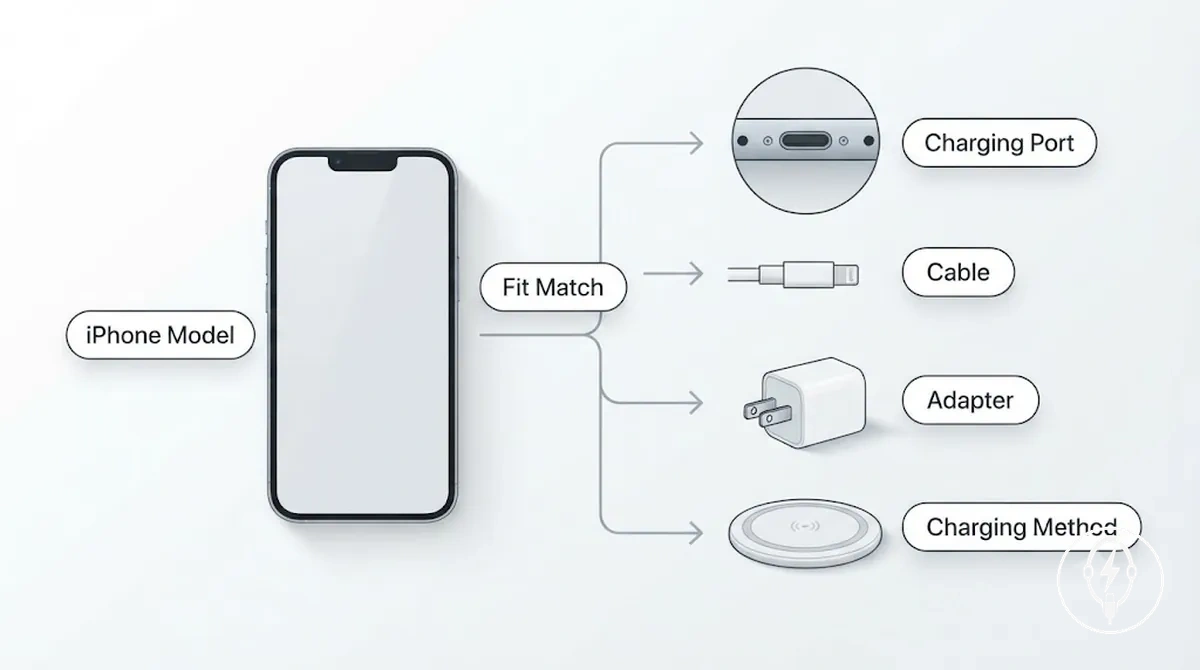 Diagrama que muestra las dependencias de compatibilidad del cargador del iPhone entre el teléfono, el cable, el adaptador y el método de carga