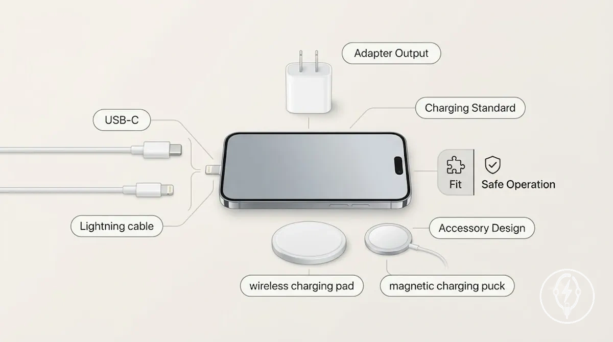 Factores de compatibilidad de los accesorios de carga para iPhone: tipo de conector, estándar de carga, salida del adaptador y diseño del accesorio