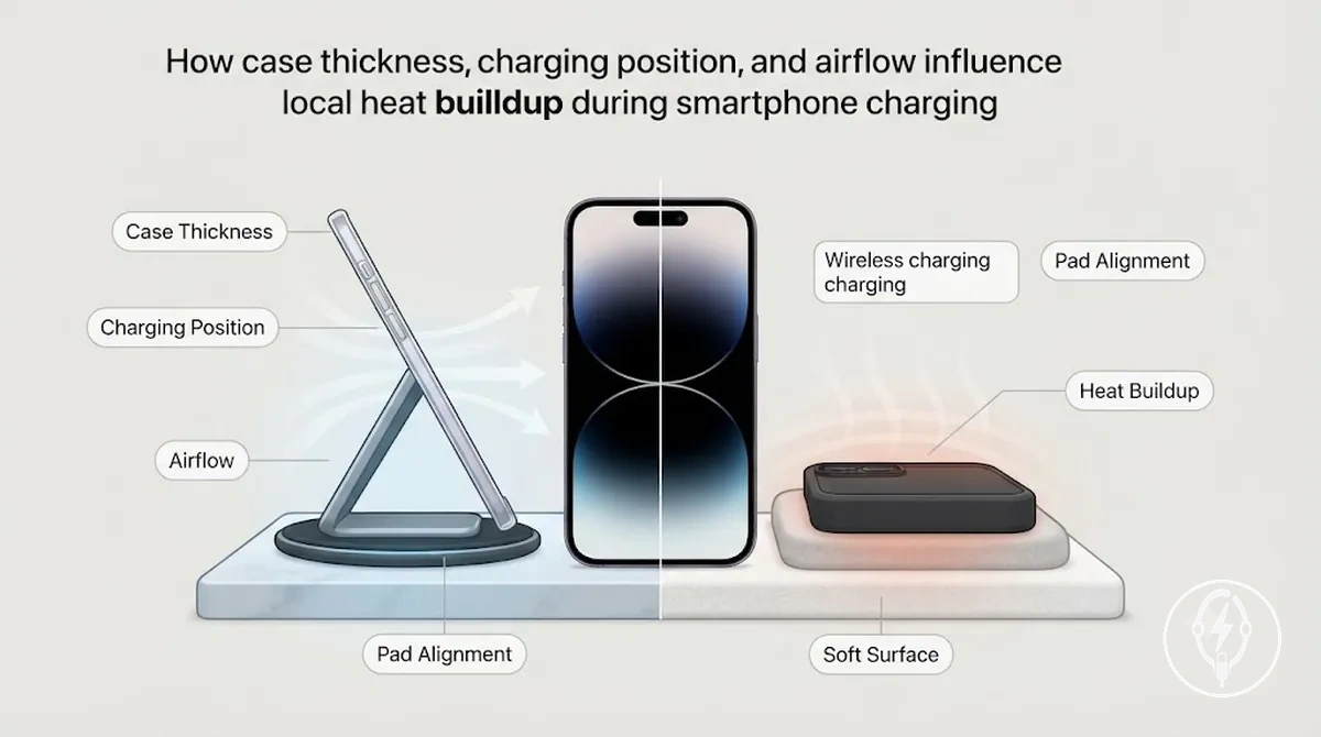 Posición de carga del iPhone, grosor de la funda y flujo de aire que afectan la acumulación local de calor