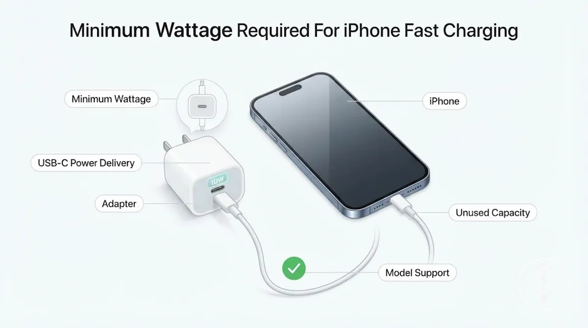 Configuración anotada de carga rápida para iPhone que muestra la potencia mínima y la compatibilidad con USB-C Power Delivery