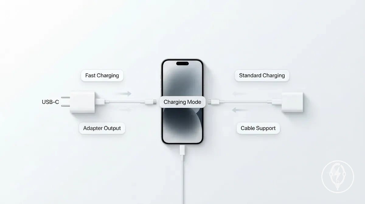 Modos de carga rápida y estándar del iPhone con ejemplos de cargador y cable