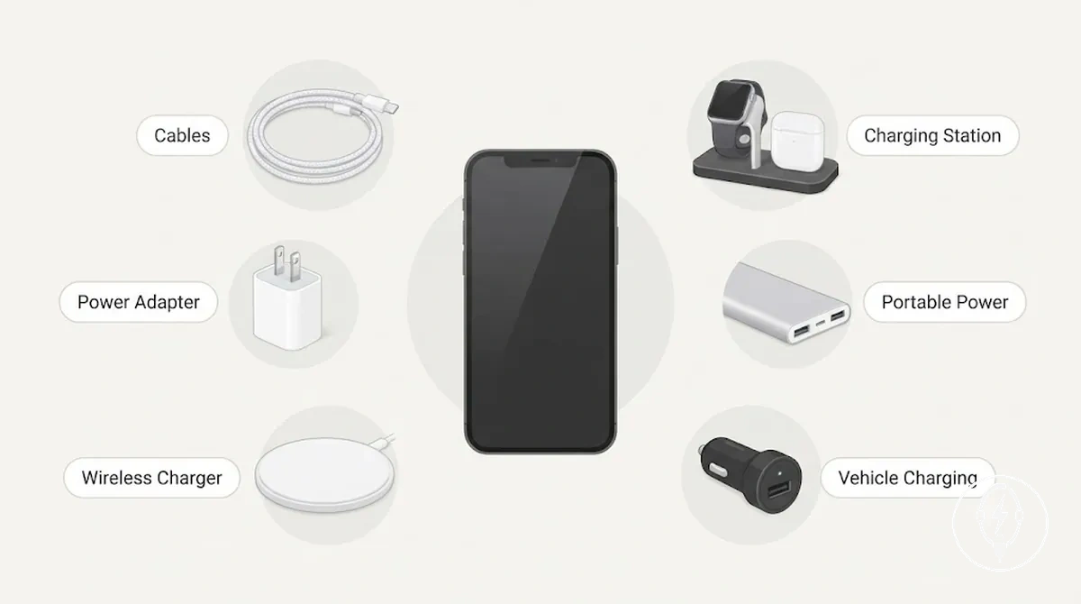Tipos principales de accesorios de carga para iPhone agrupados por función de carga