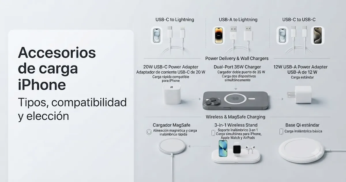 Accesorios de carga para iPhone organizados por tipo, compatibilidad y uso de compra