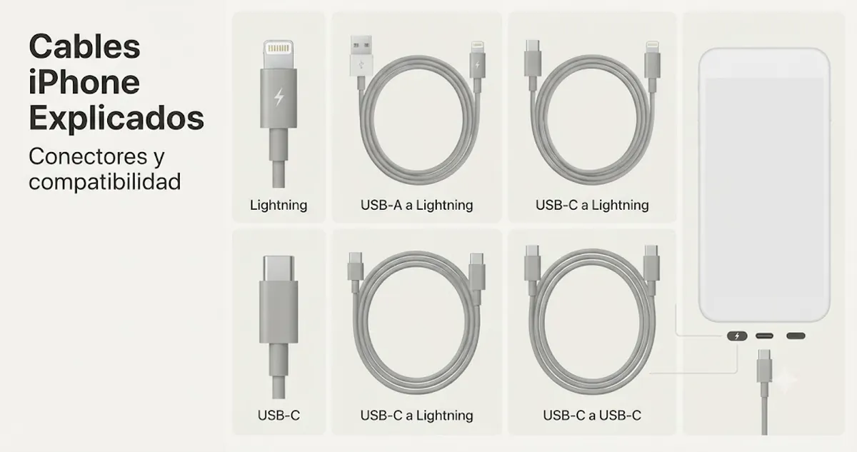 Cables de carga para iPhone y extremos de conectores organizados para comparar compatibilidad