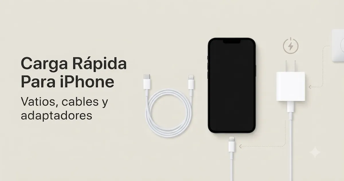 Accesorios de carga rápida para iPhone con adaptador, cable y configuración centrada en la potencia
