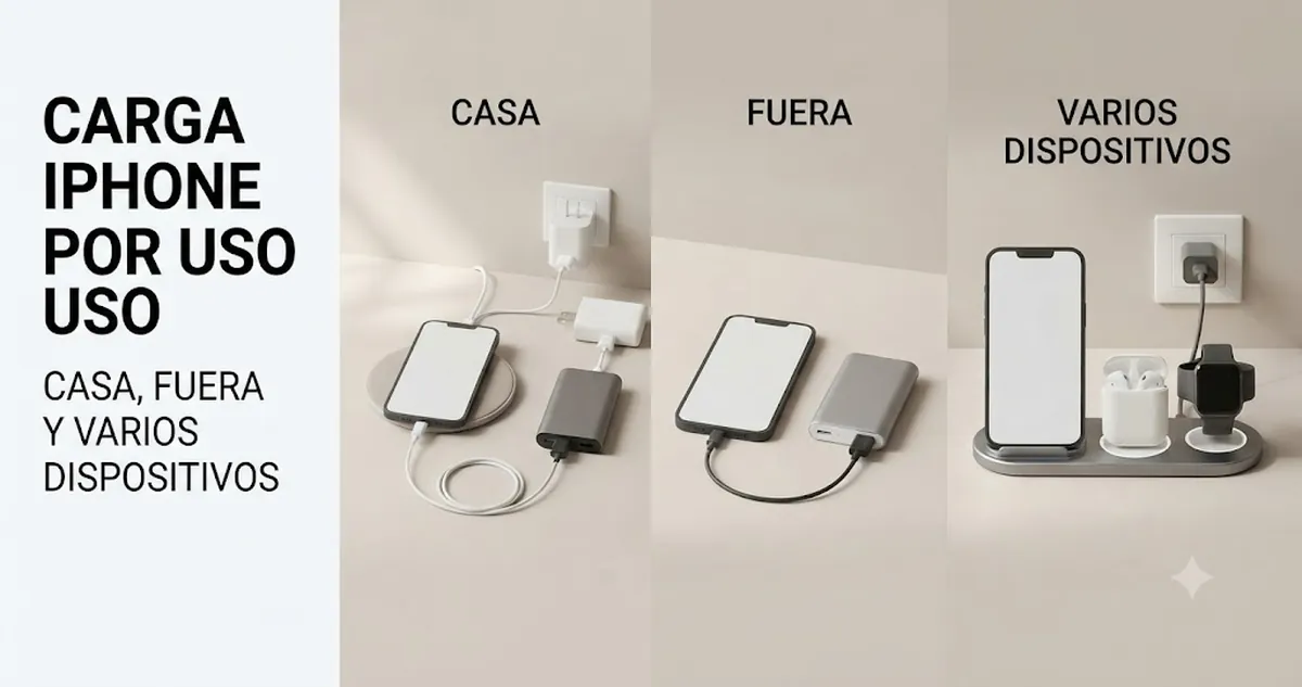 Carga para iPhone en casa, fuera de casa y con varios dispositivos usando diferentes accesorios
