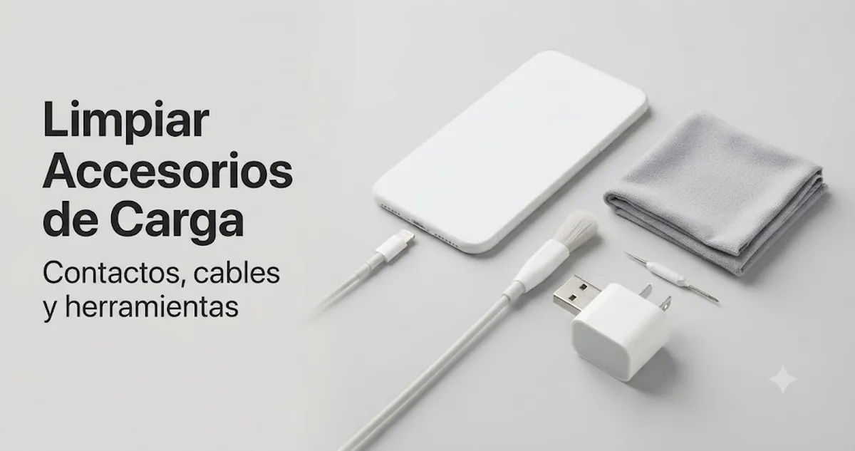 Limpieza de accesorios de carga y contactos del iPhone con pequeñas herramientas de mantenimiento