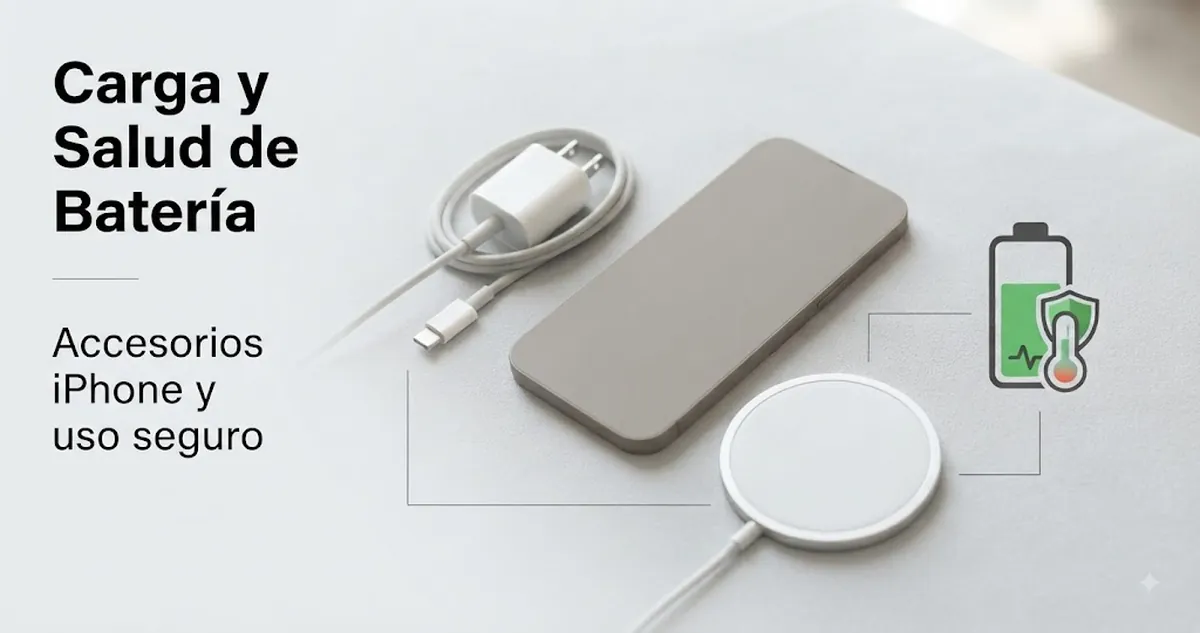 Accesorios de carga para iPhone mostrados con salud de la batería y carga segura