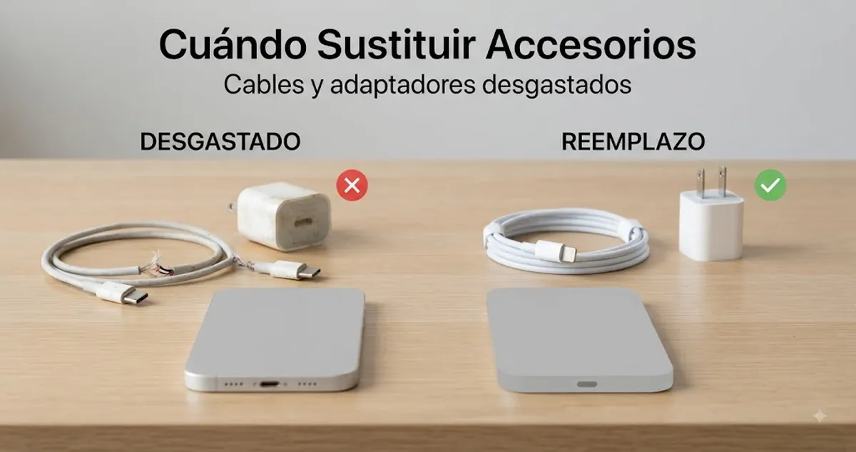 Accesorios de carga para iPhone desgastados comparados con cables y adaptadores de sustitución