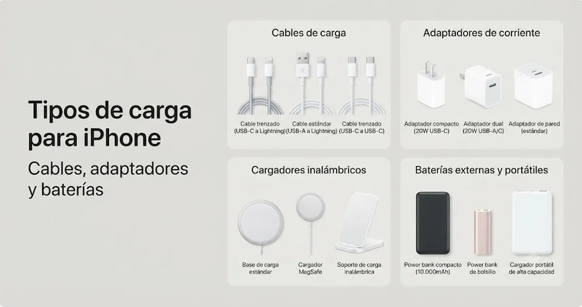 Tipos de accesorios de carga para iPhone, con cables, adaptadores, cargadores inalámbricos y baterías externas