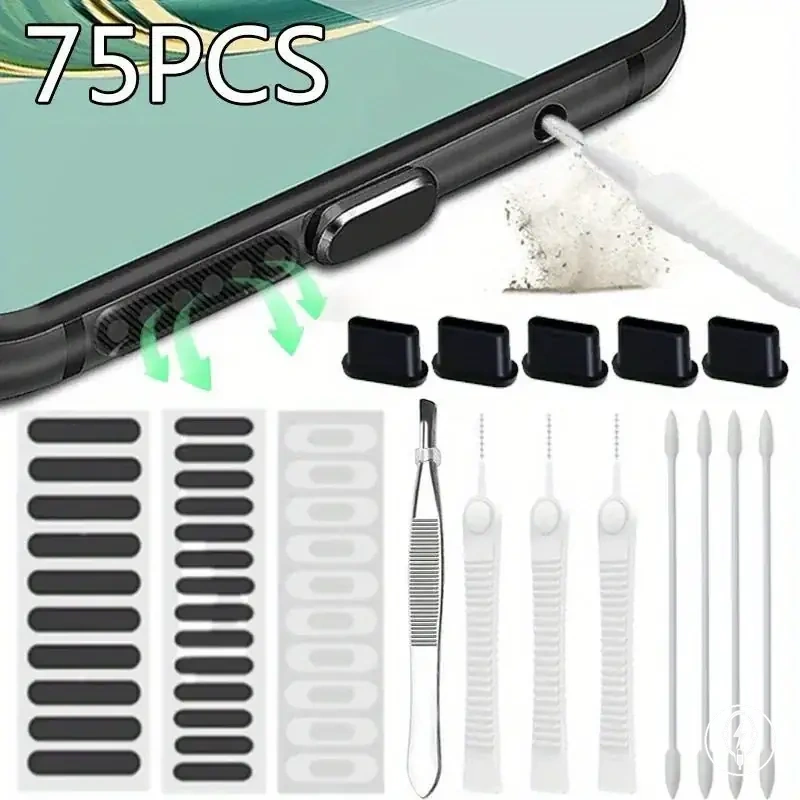 Kit de nettoyage de port de charge de téléphone 75 pièces avec bouchons anti-poussière et outils en maille