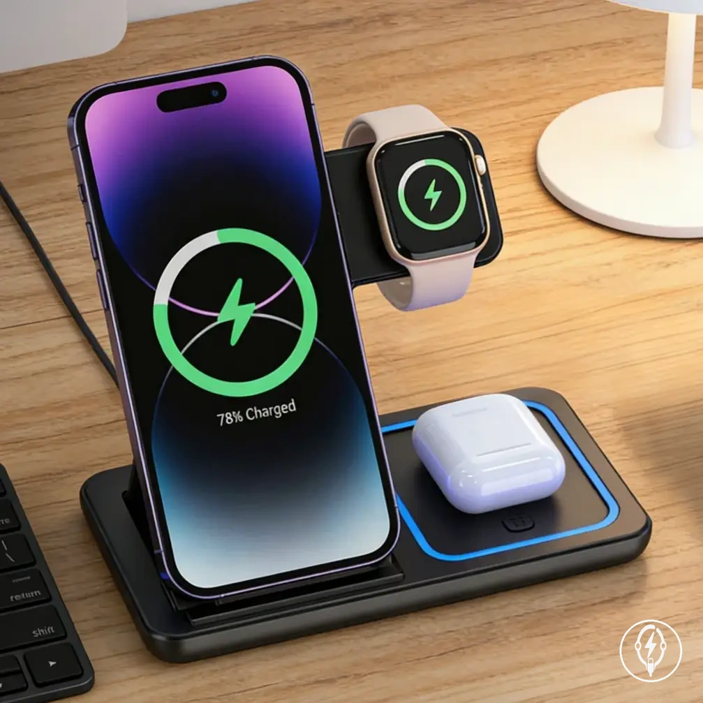 Station de charge sans fil pliable 3-en-1 pour iPhone, Apple Watch et AirPods