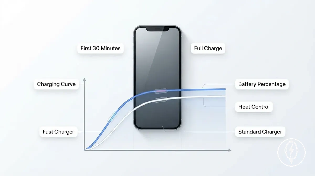 Diagramme de courbe de charge comparant les 30 premières minutes et le temps de charge complet pour les chargeurs iPhone