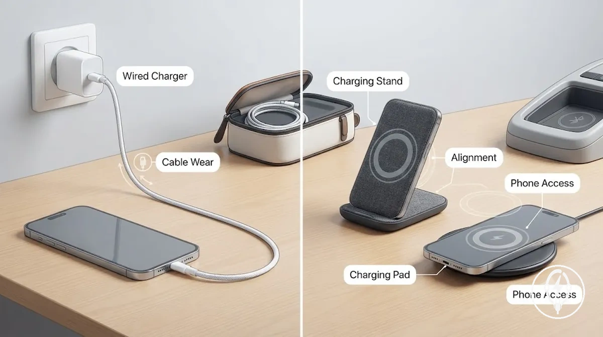 Placement de charge filaire par câble et sans fil sur support pour iPhone comparé