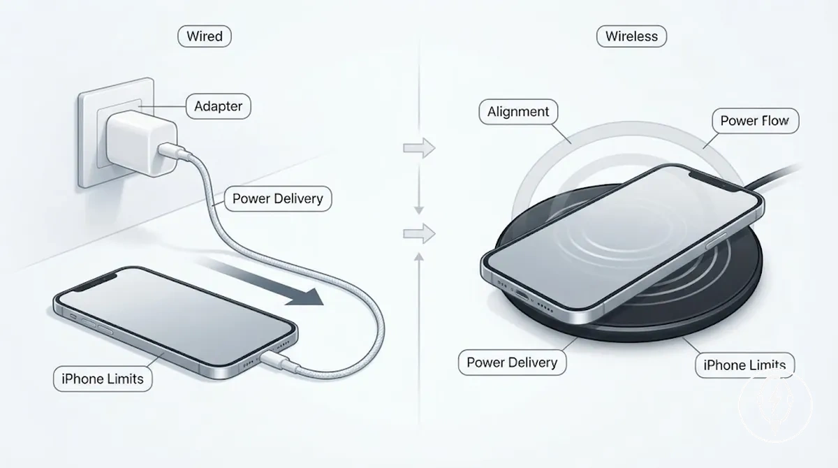 Facteurs de vitesse de charge filaire et sans fil pour iPhone comparés