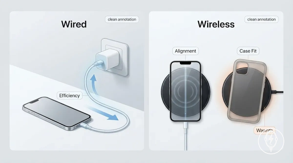Facteurs d efficacité et de chaleur de la charge filaire et sans fil pour iPhone comparés
