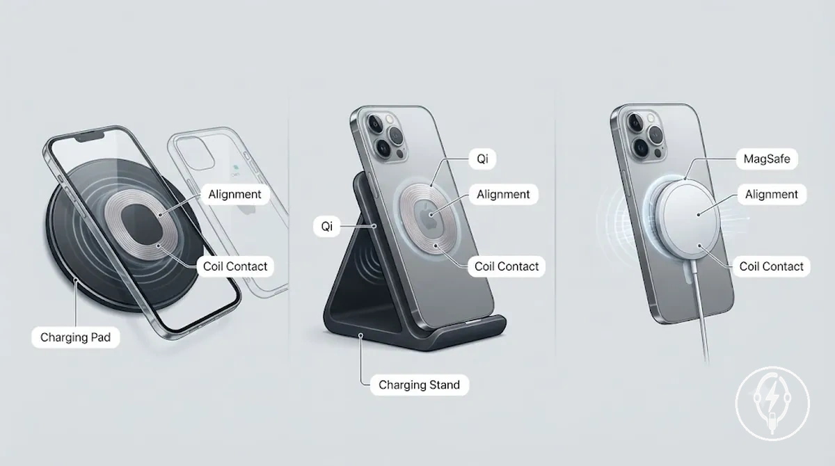 Exemples de placement de socle de charge sans fil, support, Qi et chargeur magnétique pour iPhone