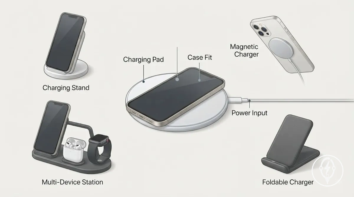 Accessoires de charge sans fil pour iPhone incluant tapis, support, chargeur magnétique et station de charge