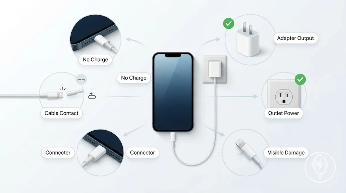 iPhone n affichant aucune réaction à la charge après avoir été connecté à un câble de charge et un adaptateur secteur