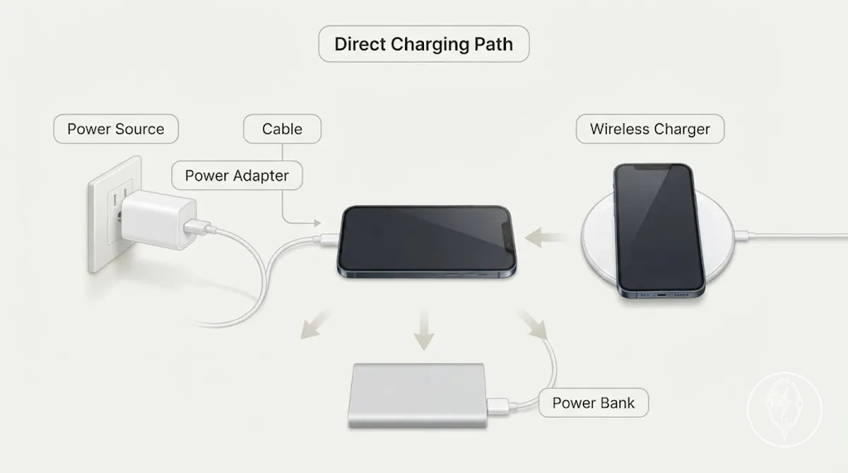 Câble, adaptateur secteur, chargeur sans fil et batterie externe formant une voie de charge directe pour iPhone