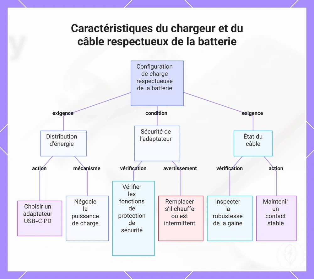 Caractéristiques du chargeur et du câble respectueux de la batterie