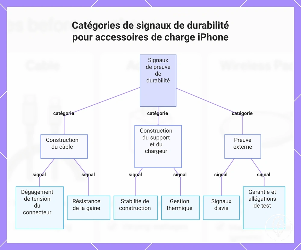 Catégories de signaux de durabilité pour accessoires de charge iPhone