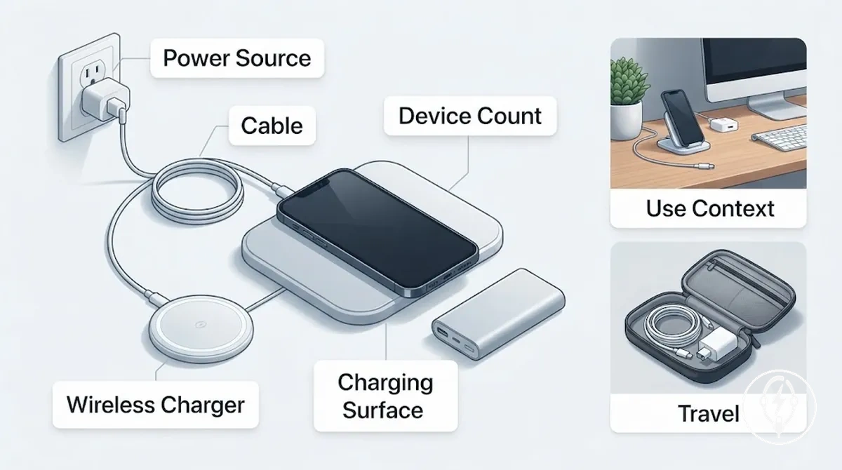 Configuration de charge iPhone montrant un chargeur, un câble, un chargeur sans fil et une surface de charge