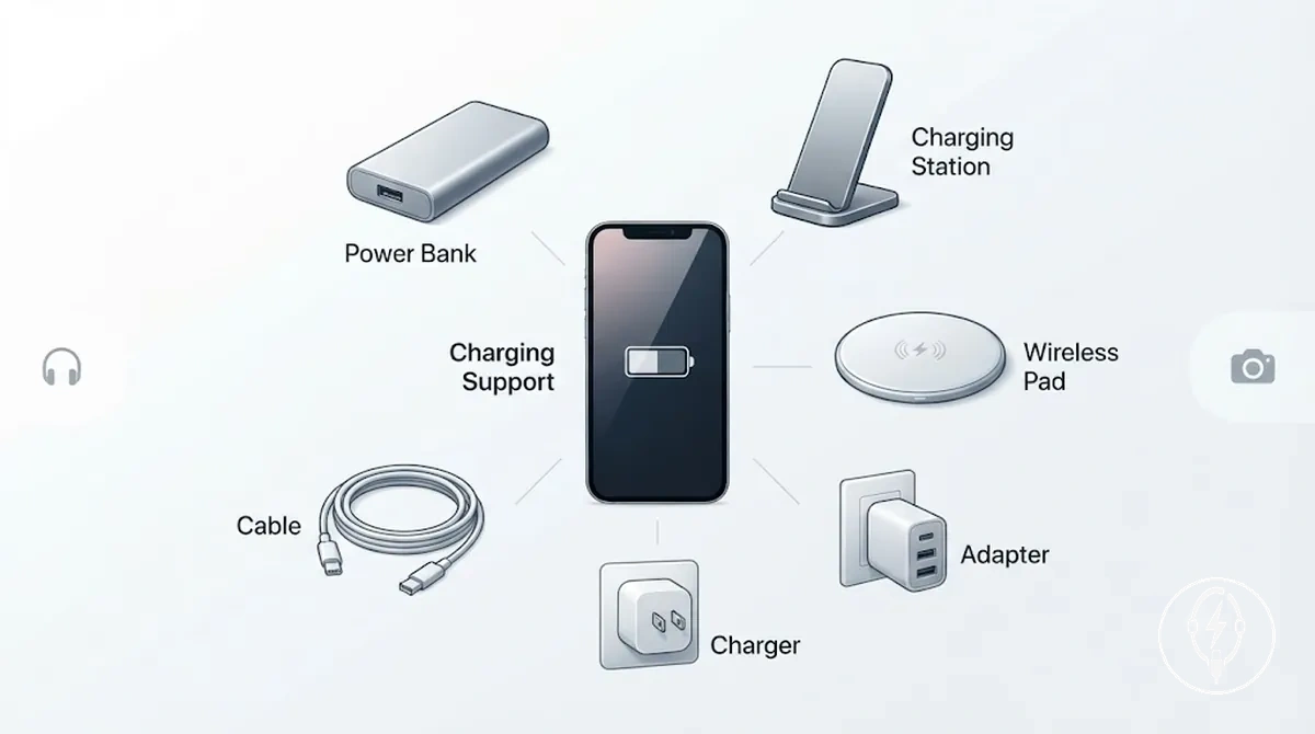 Accessoires de charge pour iPhone incluant un chargeur, un câble, un adaptateur, un socle sans fil, un support de charge, une station de charge et une batterie externe