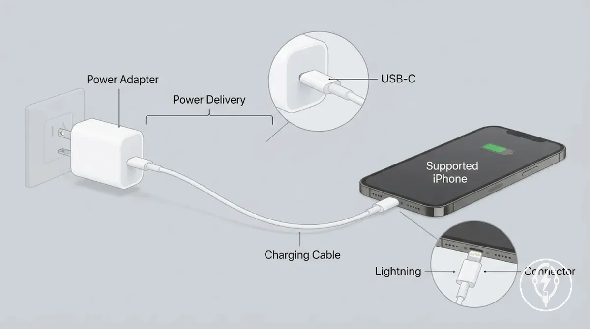 Composants d accessoire de charge rapide pour iPhone annotés incluant adaptateur câble et connecteur