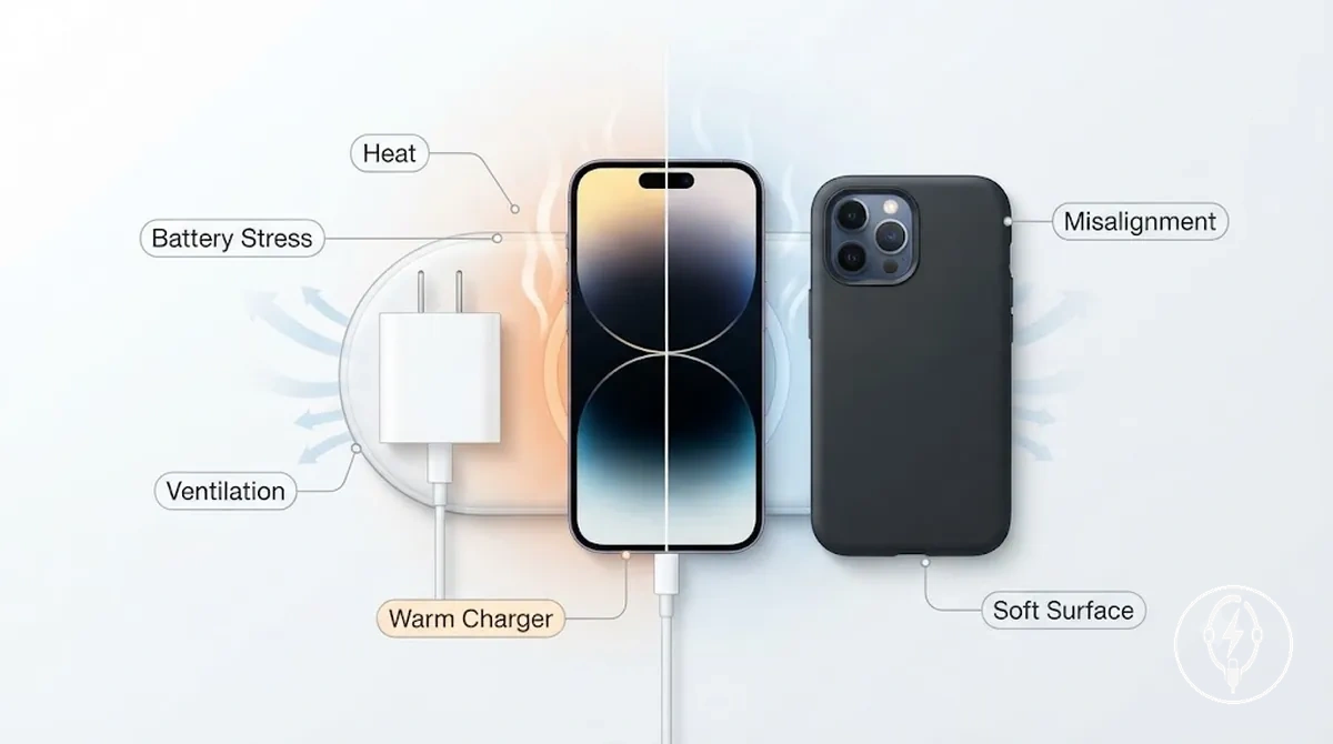 Configuration de charge iPhone illustrant la gestion de la chaleur et le stress de la batterie pendant la charge