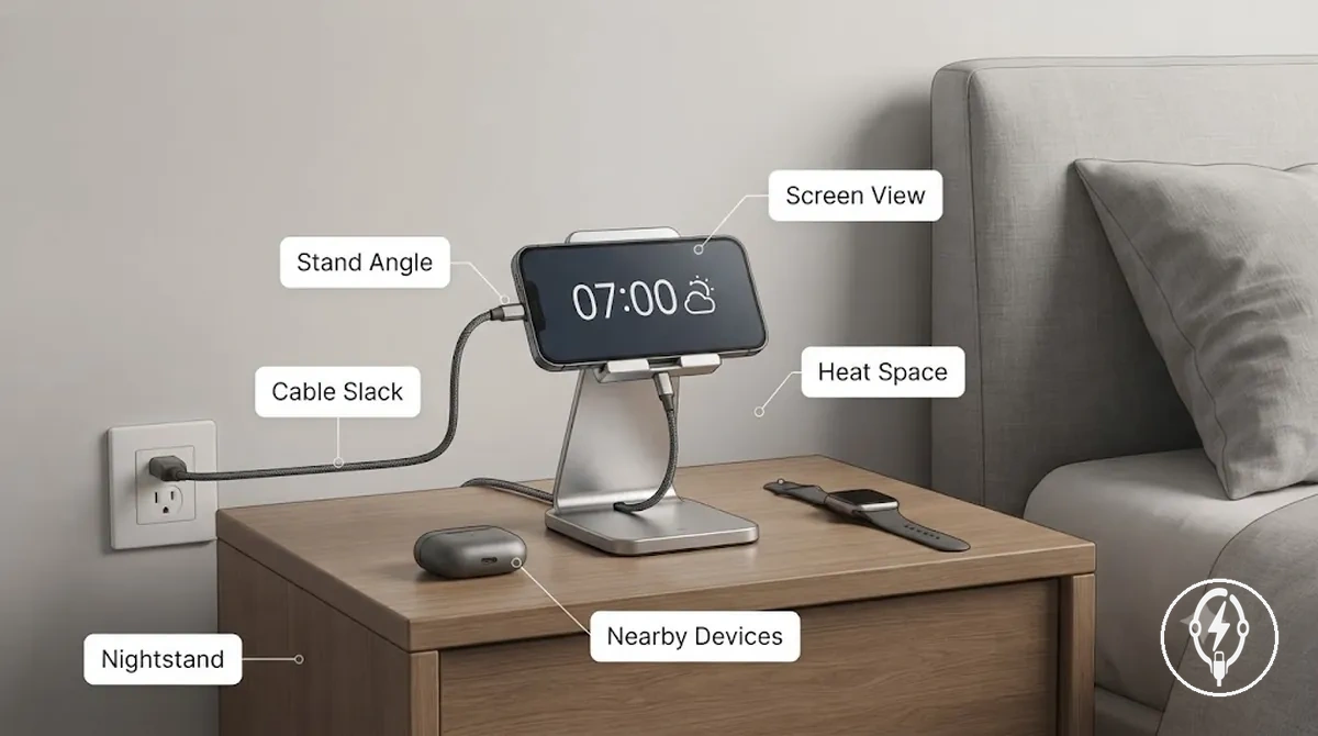 Configuration de charge de chevet montrant le placement sur la table de nuit, le socle de charge, le mou du câble et la visibilité de l écran