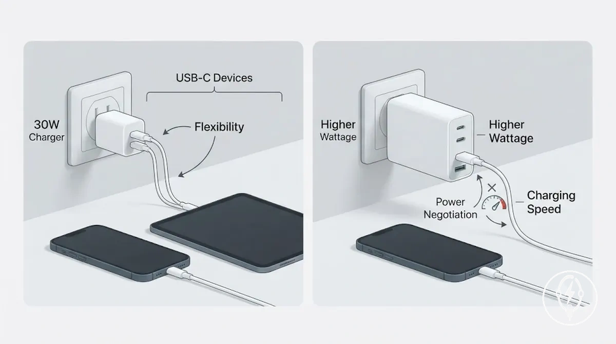 Comparaison des chargeurs de 30 W et de puissance supérieure pour la charge rapide de l iPhone et la flexibilité des appareils USB-C