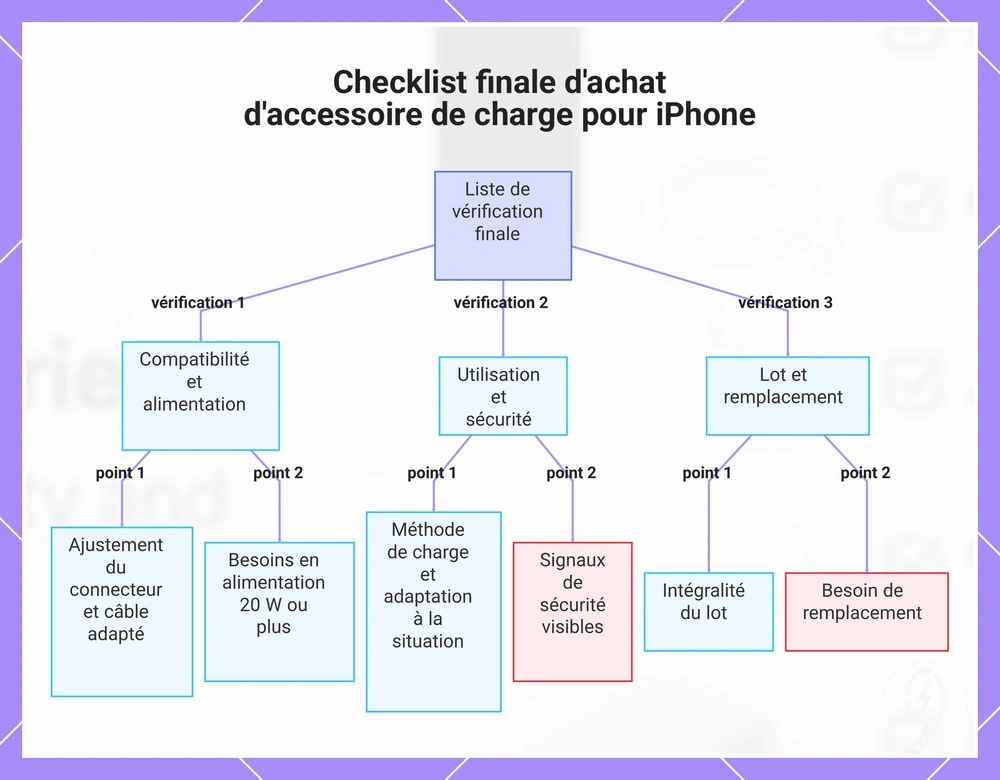 Checklist finale d'achat d'accessoire de charge pour iPhone