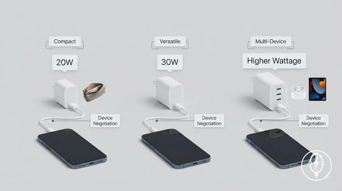 Choix de puissance pour la charge rapide de l iPhone montrant des adaptateurs de 20 W 30 W et de puissance supérieure