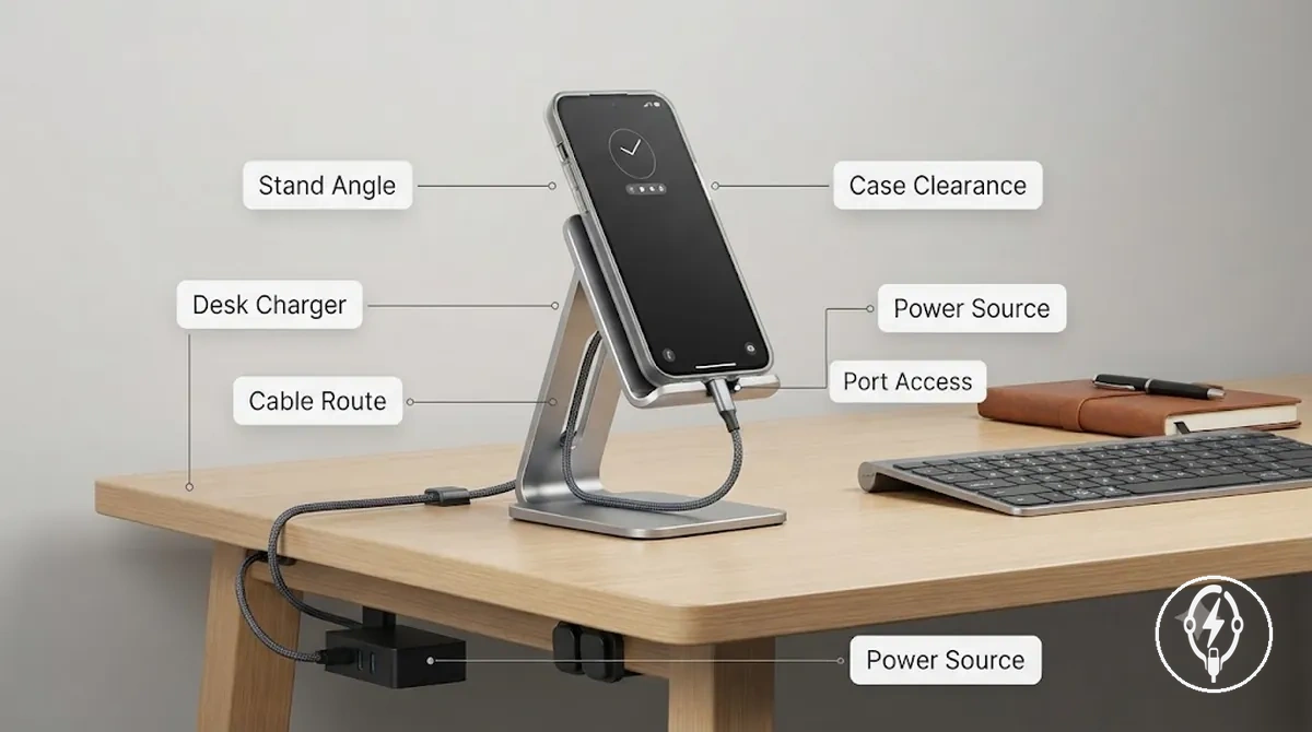 Configuration de charge sur bureau montrant le placement du socle de charge, le cheminement du câble et l organisation du plan de travail