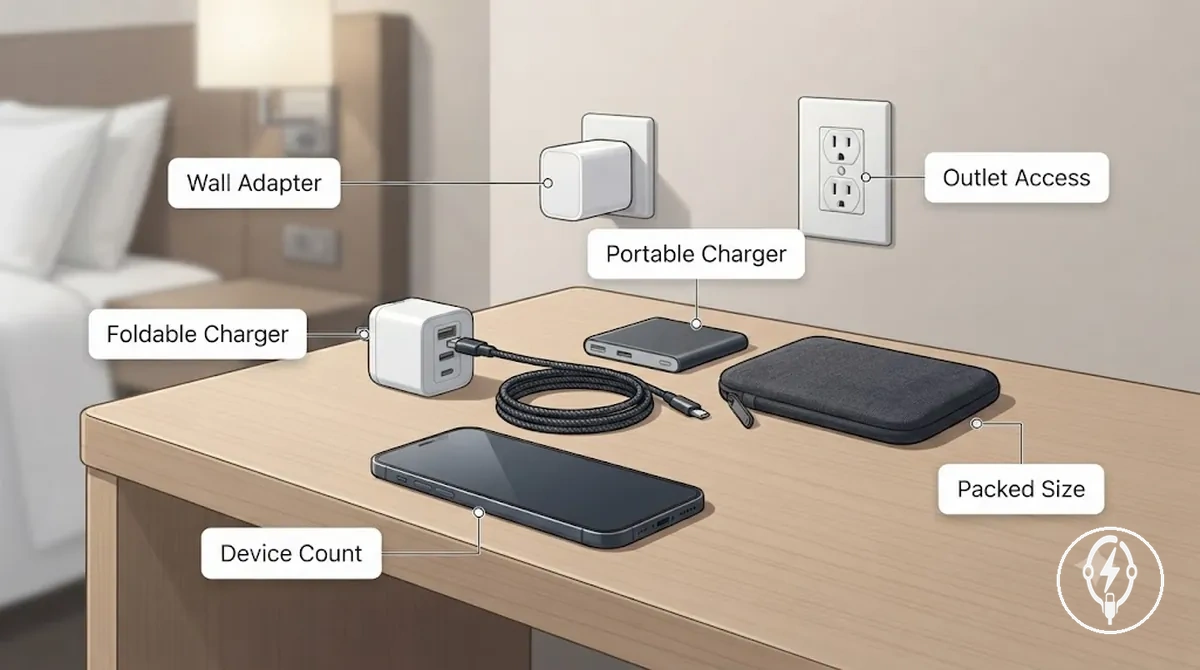 Configuration de charge de voyage avec un adaptateur mural compact, un chargeur pliable, un câble de charge et une batterie externe pour une utilisation à l hôtel
