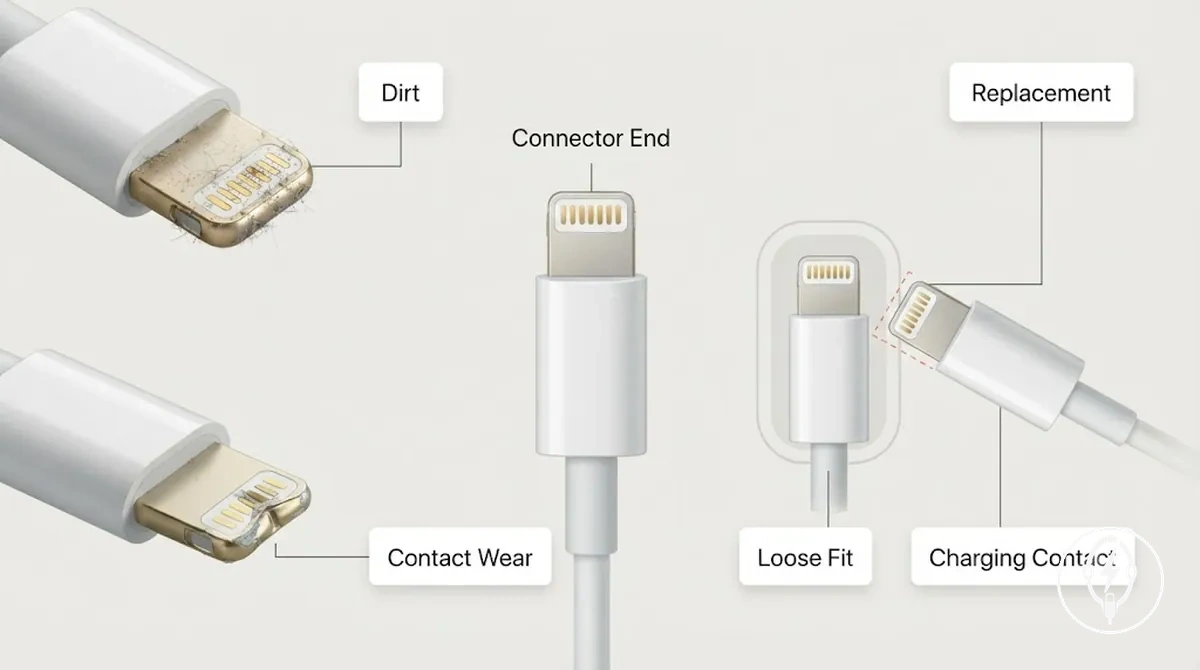 Connecteur de charge pour iPhone montrant des saletés, une usure des contacts et des indicateurs de jeu